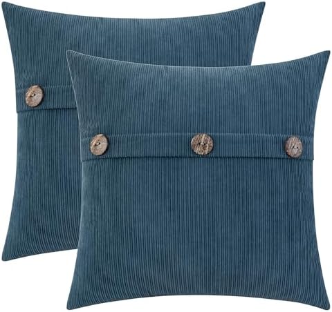 HWY 50 Blue Chenille Throw Pillow Covers 16x16 Inch Buttons Pack of 2 by HWY50
