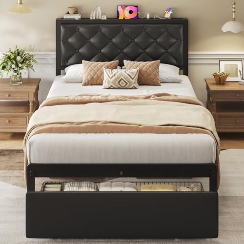 Twin Bed Frame with Storage Drawer, Upholstered Headboard Button Tufted Bed by Fluest