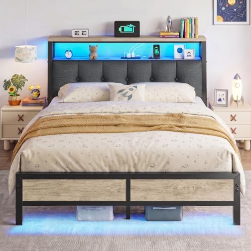 Full Bed Frame with Upholstered Headboard & Charging Station by ElevateYourHome%EF%BC%8CEnhanceEver