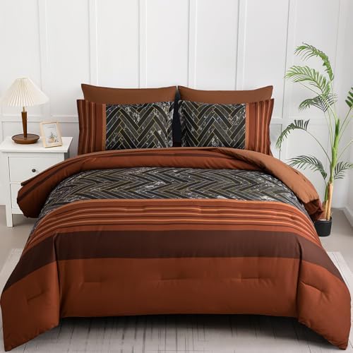 Burnt Orange Comforter Set Queen Size, 7 Pieces Striped Bed in a Bag by Luxudecor