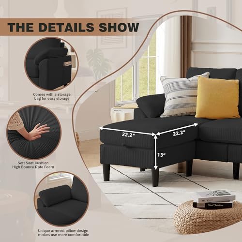 80''L Shaped Sectional Sofa Couch, 3 Seater Corduroy Sofa - Image 6