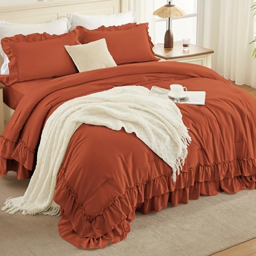 Andency Burnt Orange Twin Size Ruffle Comforter Set, 2 Pieces - Image 2