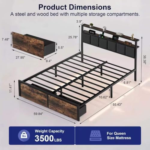 Queen Bed Frame with 2 Drawers and Storage Headboard, Metal Platform with LED - Image 2