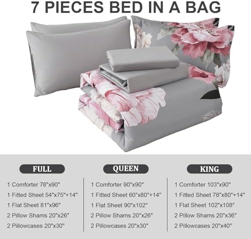 Pink and Grey Comforter Set Full Size 7 Piece Bed in a Bag, Floral Printed on - Image 7