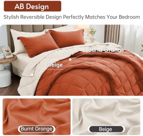 Queen Comforter Set 7 Pieces, Reversible Bed in a Bag, Burnt Orange/Beige - Image 3