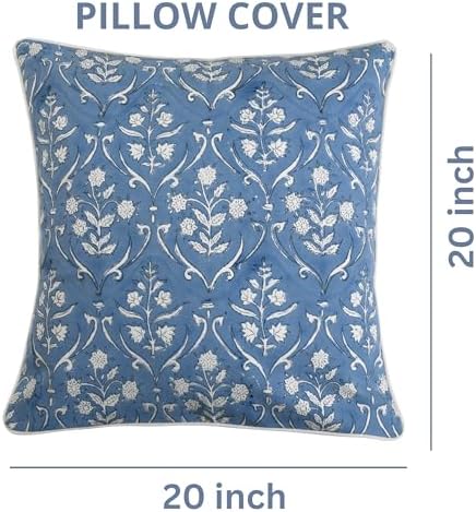 Ridhi Cornflower Blue Block Print Cotton Pillow Cover 20x20 Inch Set of 2 - Image 4