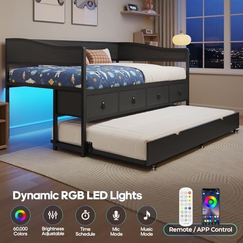 ADORNEVE Twin Daybed with Trundle, 4 Storage Drawers, LED Light - Image 4