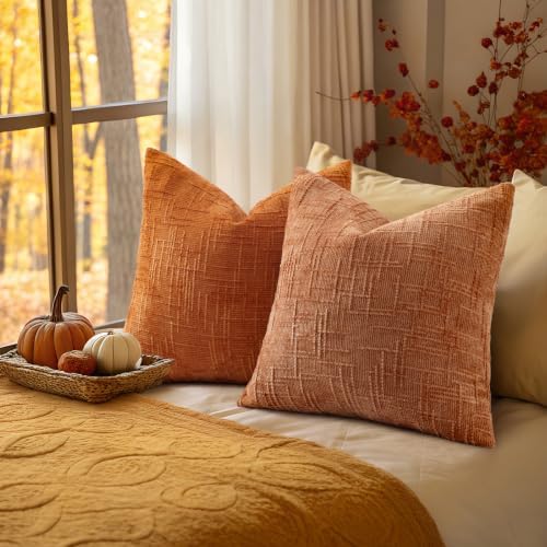 decorUhome Textured Chenille Throw Pillow Covers 26x26 Set of 2 Light Rust - Image 3