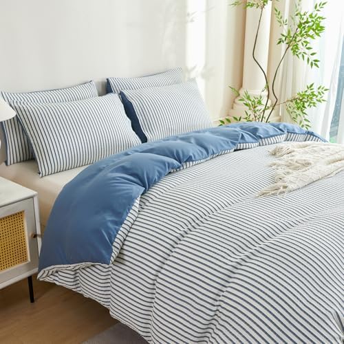 Queen Comforter Set Striped Denim Blue Soft Washed Microfiber Jacquard 3 Pieces - Image 5