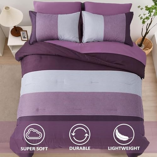 Anibedding Purple King Size Comforter Set, 7 Pieces Striped Bed in a Bag - Image 3