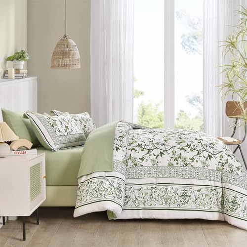 Floral Queen Comforter Set, 7 Piece Bed in a Bag Queen Size Sage Green Flowers - Image 4