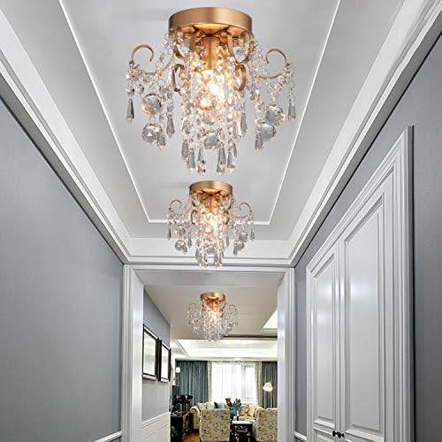 Q&S Mini Chandelier Crystal Ceiling Light, Small Flush Mount Gold Light Fixture - Image 3