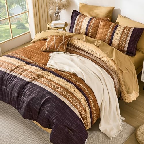 Dintszyayue Boho King Comforter Size Set, 8 Pieces Striped Texture Gold Purple - Image 3