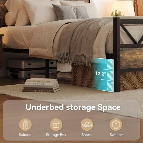 King Size Metal Bed Frame with 51.2'' Headboard, Rustic Brown - Image 5