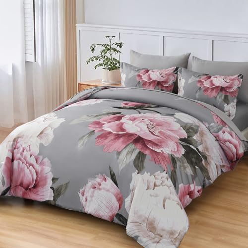 Pink and Grey Comforter Set Full Size 7 Piece Bed in a Bag, Floral Printed on - Image 2