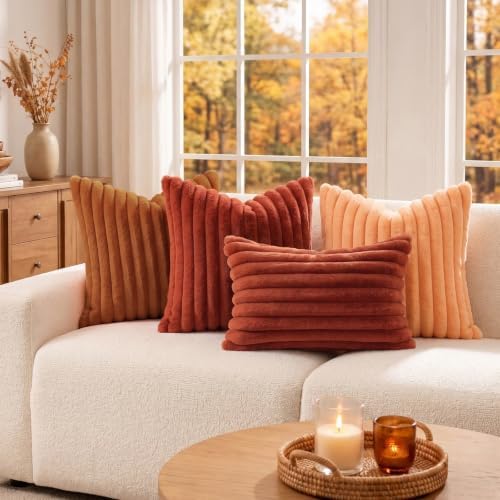 decorUhome Fall Faux Fur Throw Pillow Covers 24x24 Set of 2 Light Rust - Image 2