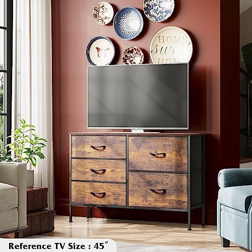WLIVE 5 Drawer Fabric Dresser for Bedroom, Wide Storage Chest, Rustic Brown - Image 2