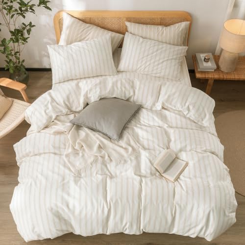 BESTOUCH Striped Cotton Duvet Cover Set Linen Feel Oversized Queen - Image 3