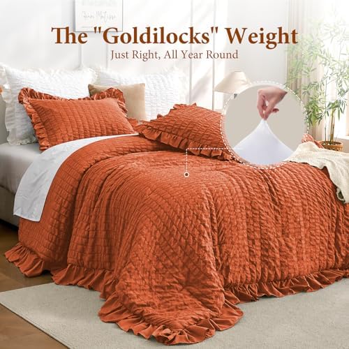 JOLLYVOGUE Burnt Orange Queen Comforter Set, 3 Pieces Seersucker Comforters - Image 3