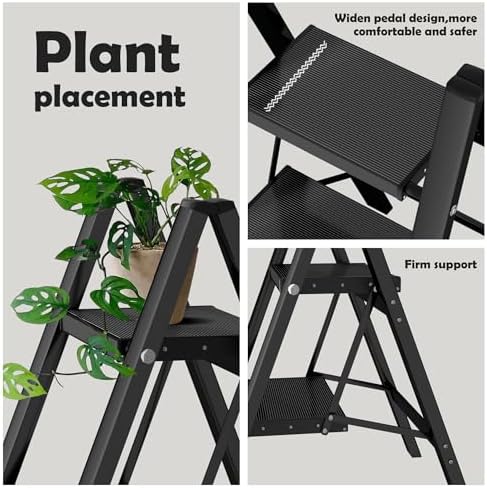 Taranta 2 Step Stool Foldable, Aluminum Step Ladder-BlackWoodgrain - Image 2