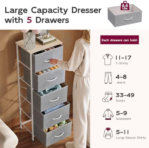 WLIVE Tall Dresser for Bedroom, 5 Drawer Dresser, Light Grey - Image 6