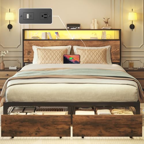 Queen Bed Frame with Charging Station, LED Lights, 2 Drawers, Retro Brown by Lifezone
