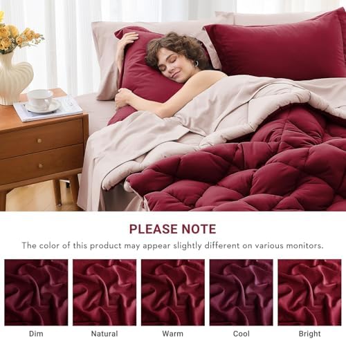 Queen Comforter Set 7 Pieces, Reversible Bed in a Bag, Burgundy/Rose Gold - Image 4