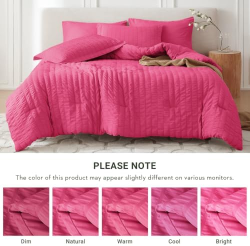 MUXHOMO King Comforter Set 7 Pieces, Seersucker Bed in a Bag, Hot Pink - Image 5