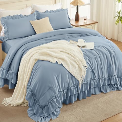 Andency Grayish Blue Ruffle Full Size Comforter Set, 3 Pieces - Image 2