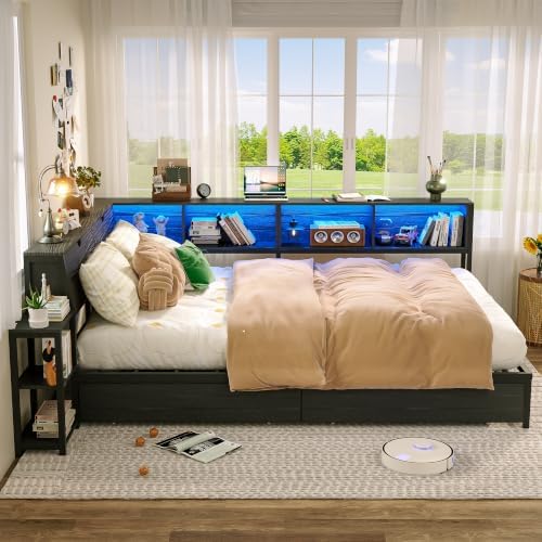 Full Corner Bed Frame with Storage Bookcase and Bedside Rack - Image 2