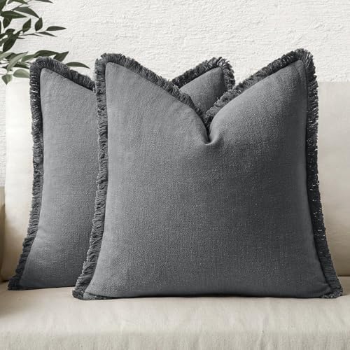 MIULEE Boho Linen Fringe Decorative Throw Pillow Covers Dark Grey 20x20 by MIULEE