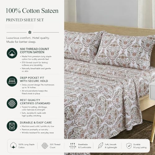 Feather & Stitch 100% Cotton Sateen 500 TC Cal King Size Bed Sheet Set - Image 6