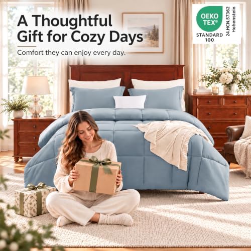 CozyLux King Size Comforter Set, 3-Piece Box-Stitched, Dusty Blue - Image 4