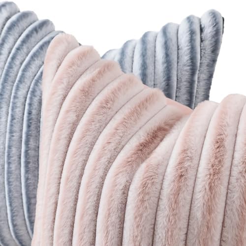 decorUhome Fall Faux Fur Throw Pillow Covers 22x22 Set of 2 Pink White - Image 2