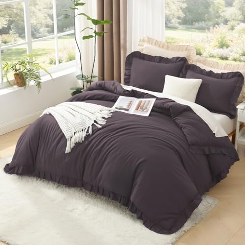 Litanika Queen Comforter Set, 3 Pieces Black Purple Ruffle Bedding Set - Image 3