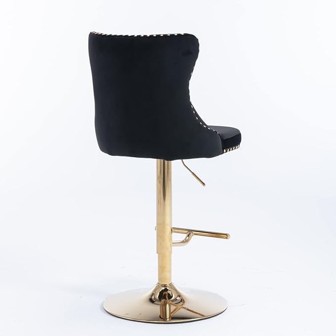 PacknWood Acosure Golden Swivel Velvet Barstools Adjusatble Seat Height from 25-33" with Comfortable Tufted,Modern Upholstered Chrome Base Bar Chairs,for Home Pub Kitchen,Black,Set of 2
