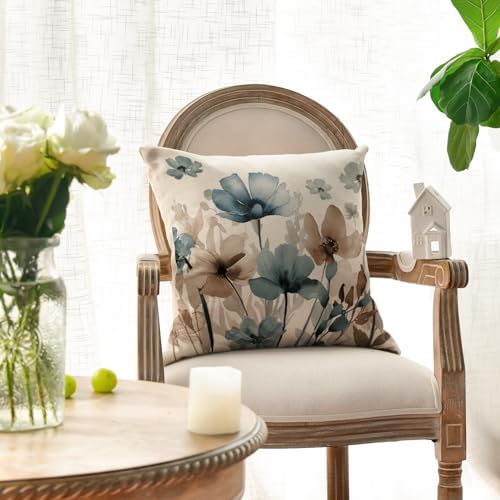 AVOIN colorlife Poppy Flowers Blue Brown Pillow Covers 18x18 Inch Set of 2 - Image 4
