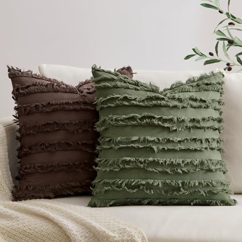 MIULEE Boho Linen Striped Throw Pillow Covers 20x20, Dark Olive Green - Image 4
