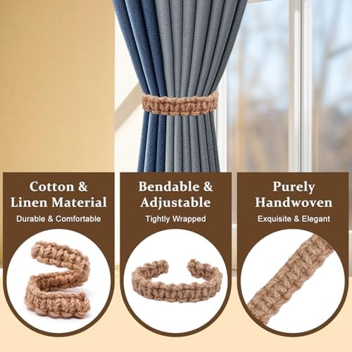 4 Pack Braided Linen Curtain Tiebacks, Boho Elegant Farmhouse Rustic Flexible - Image 3