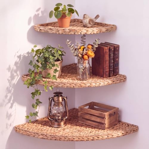 Set of 3 Wicker Floating Corner Shelf Boho Wall Decor by Amyhill
