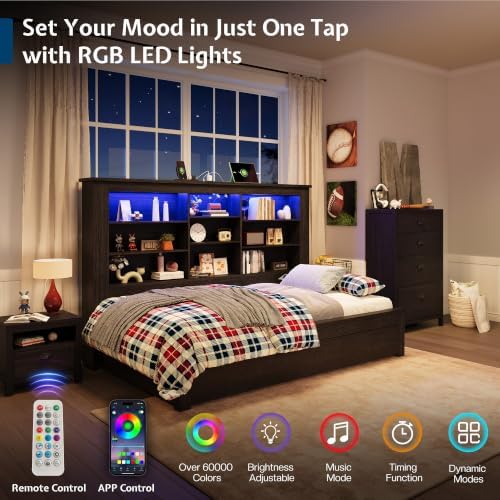 Jocisland Twin Bed Frame Bookcase Headboard USB/LED Lights&3 Drawers - Image 4