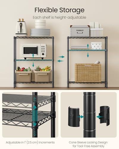 SONGMICS 3-Tier Storage Shelves, Adjustable Wire Shelving Unit, 8 Hooks - Image 5
