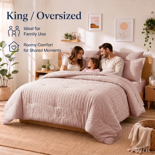 CozyLux King Size Comforter Set, 7-Piece Dusty Pink Seersucker Bed in a Bag - Image 6
