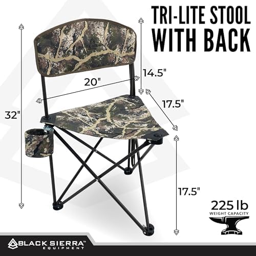 Black Sierra Folding Hunting Stool w Backrest & Cup Holder, 225 lb Capacity - Image 2