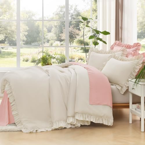 Litanika King Comforter Set, 3 Pieces Beige Ruffle Bedding Set - Image 4