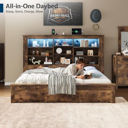 Jocisland Twin Bed Frame Bookcase Headboard, USB/LED＆3 Drawers, Rustic Oak - Image 3
