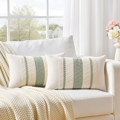 Fancy Homi Set of 1 Sage Green Boho Lumbar Decorative Throw Pillow Covers 12x20 - Image 2