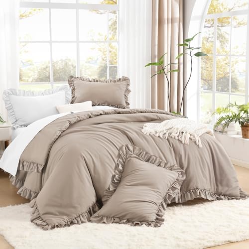 Litanika Queen Comforter Set, 3 Pieces Light Coffee Ruffle Bedding Set by Litanika