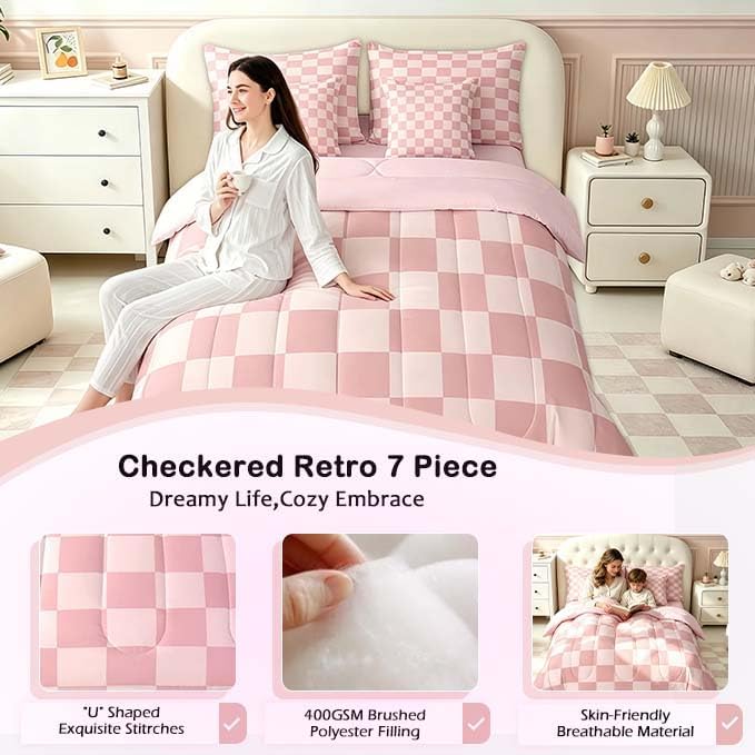 Feelyou Checkered Retro 7 Piece Bedding Set Teen Women Men Pink Gradient Plaid - Image 5