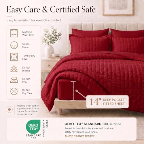 CozyLux Twin XL Comforter Set, 5 Pieces Dark Red Seersucker Bed in a Bag - Image 5